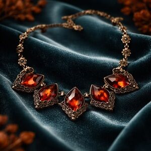Gold Toned Burnt Orange Rhinestone Necklace